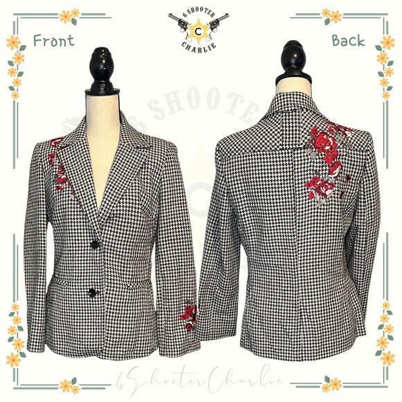 Focus Lifestyle Jackets & Blazers - Focus Lifestyle Wool Blend Black White Houndstooth Floral Embroidery Blazer 6